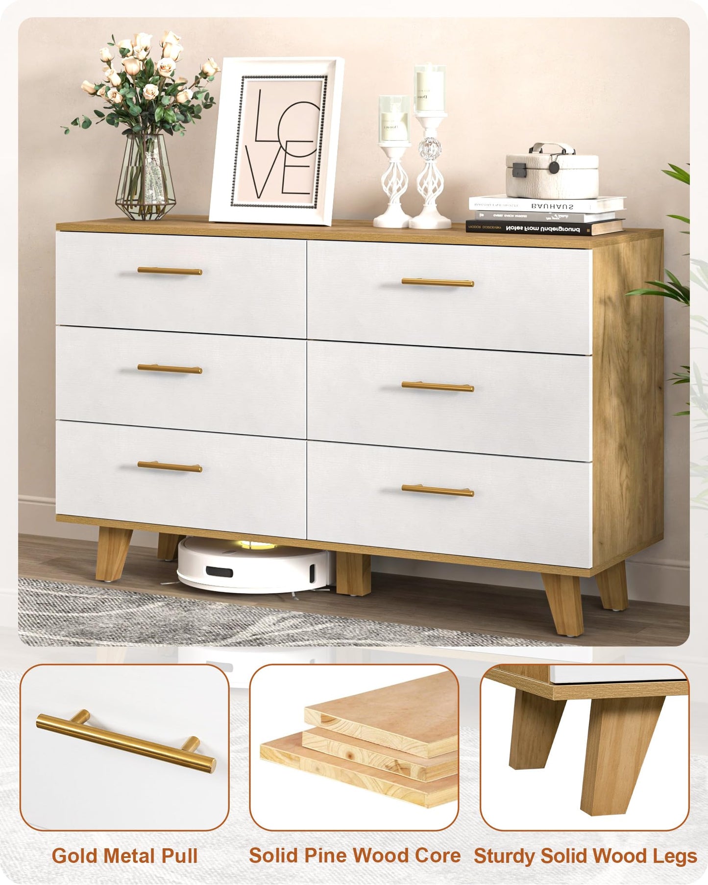 ALINE FURNITURE 6 Drawer Dresser, 48" Wide White Dresser Chest, Solid Pine Wood Dressers for Bedroom