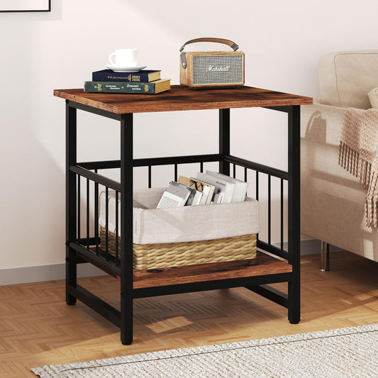 EazeHome Industrial Night Stand, 18” Square Side Table with Open Storage Shelf, Bedside End Table for Bedroom, Heavy Duty Stand for Mini Fridge for Dorm, Kitchen Room, Rustic Brown