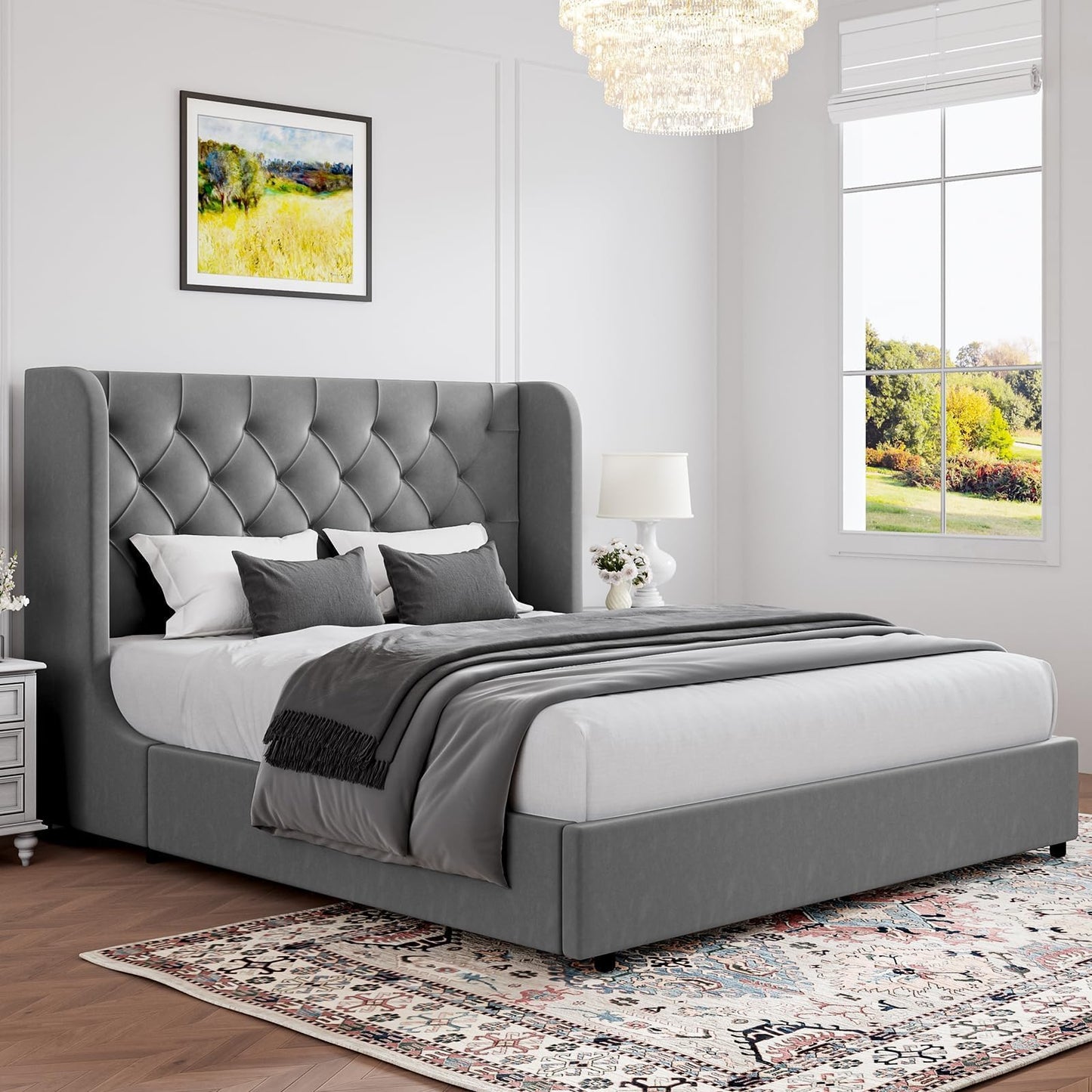 HOMBCK Grey Queen Bed Frame, Velvet Upholstered Platform Bed Frame with Headboard, Curved Wingback Design, Wooden Slats, No Box Spring, Noise Free, Easy Assembly