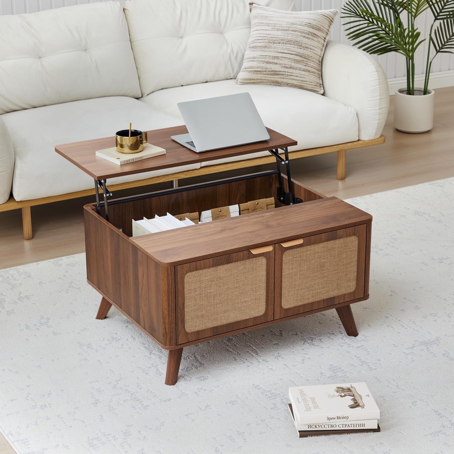 AVZEAR Wood Lift Top Coffee Table with Storage, Mid Century Modern Coffee Table with Nature Linen Doors & Large Hidden Storage, Curved Edge Center Table Farmhouse Coffee Tables for Living Room, Walnut