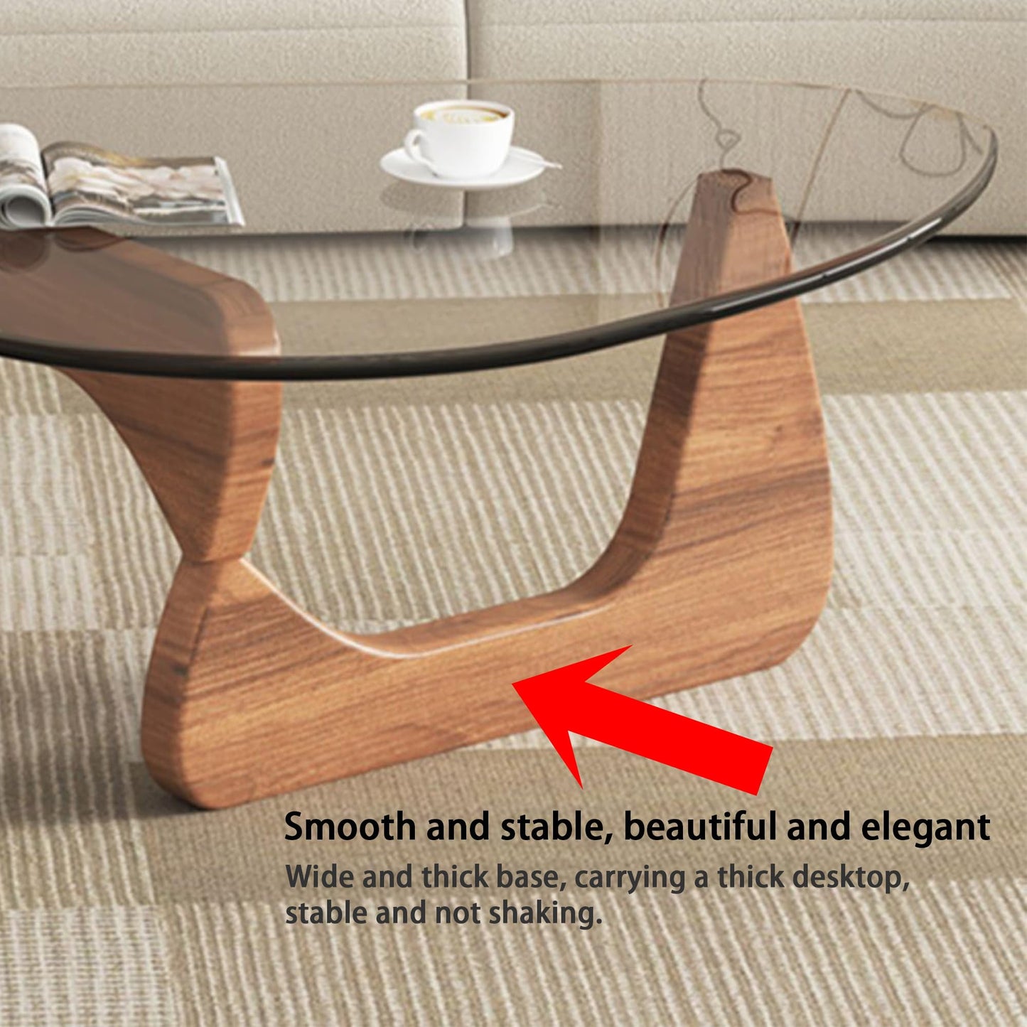 EASYSOUL Modern Glass Coffee Table, 44.88" D x 32.28" W x 15.75" H, Abstract Round Tea Tables for Living Room Home Office Industrial Cocktail Tables (Walnut-Clear Glass, 44.88")