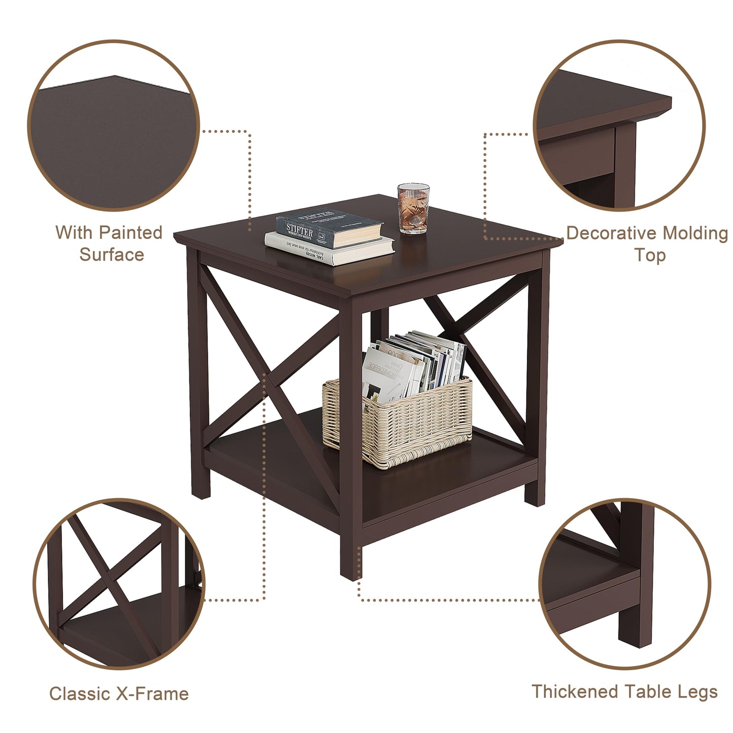 ChooChoo End Table, 24 Inch End Table with 2-Tier Storage Shelf, Side Table for Living Room, Wood Nightstand for Bedroom, Office, Painted Surface, Espresso
