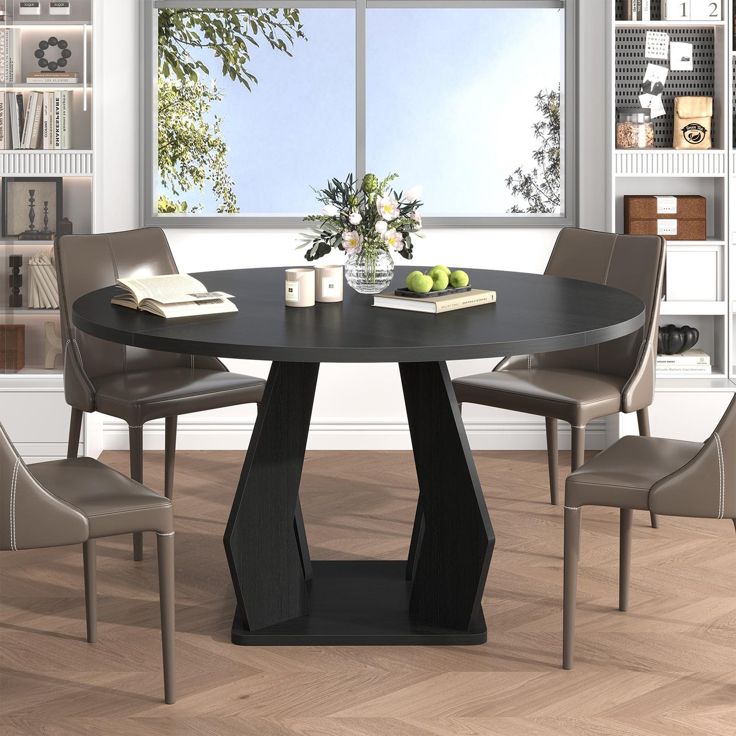 IBF Round Dining Table for 4 to 6, 47 Inches Kitchen Table with Spacious Tabletop Modern Circle Dining Table, Wood Dinner Table with Sturdy Pedestal Base for Dining Room Kitchen Living Room, Black Oak