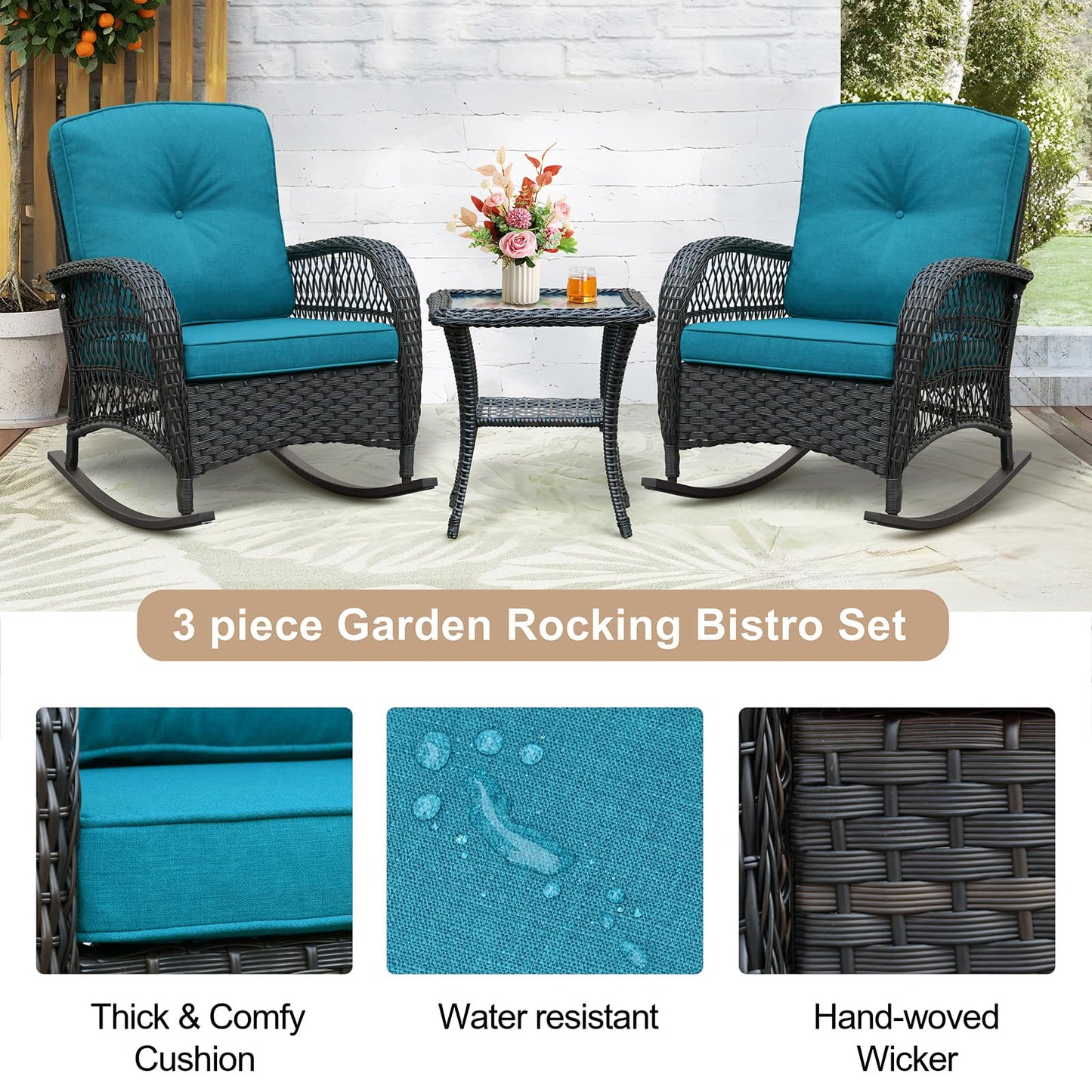 Skypatio Outdoor Wicker Rocking Chairs Set of 2 and Coffee Table, 3 Pieces Patio Bistro Furniture Set with Comfortable Cushions for Balcony, Porch, Backyard, Deck(Peacock Blue)