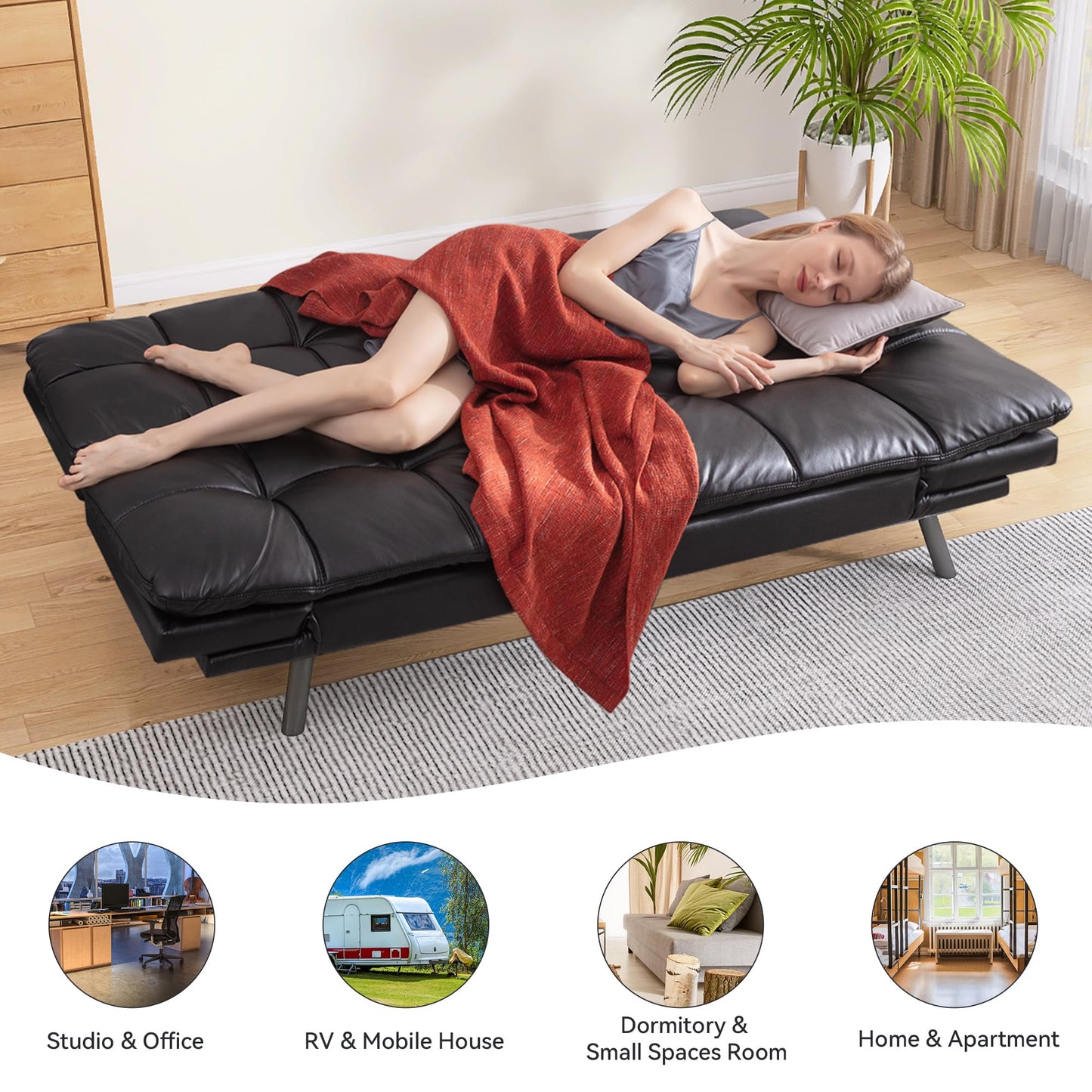 AMICLIBER 71" Convertible Futon Sofa Bed,Faux Leather Futon Couch Bed,Memory Foam Sleeper Sofa,Modern Folding Small Loveseat for Living Room,Office,Apartment,Bright Black