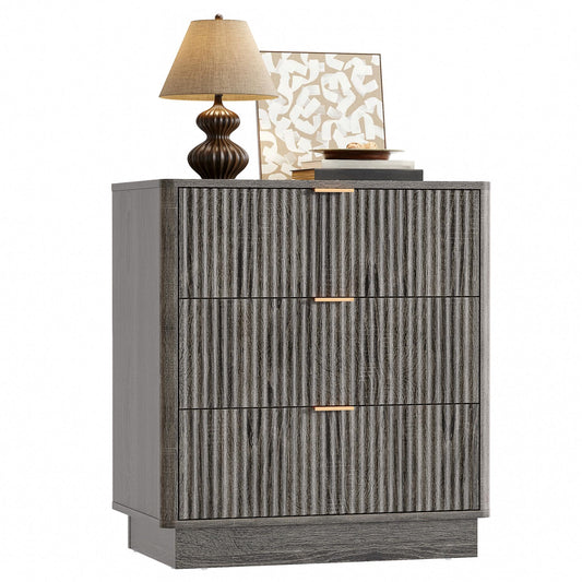 ECOTINY Mid Century Modern 3 Drawer Dresser, Fluted Wood Chest with Round Edge Design, Shallow Bedroom Storage for Closet, Living Room（Charcoal Oak）