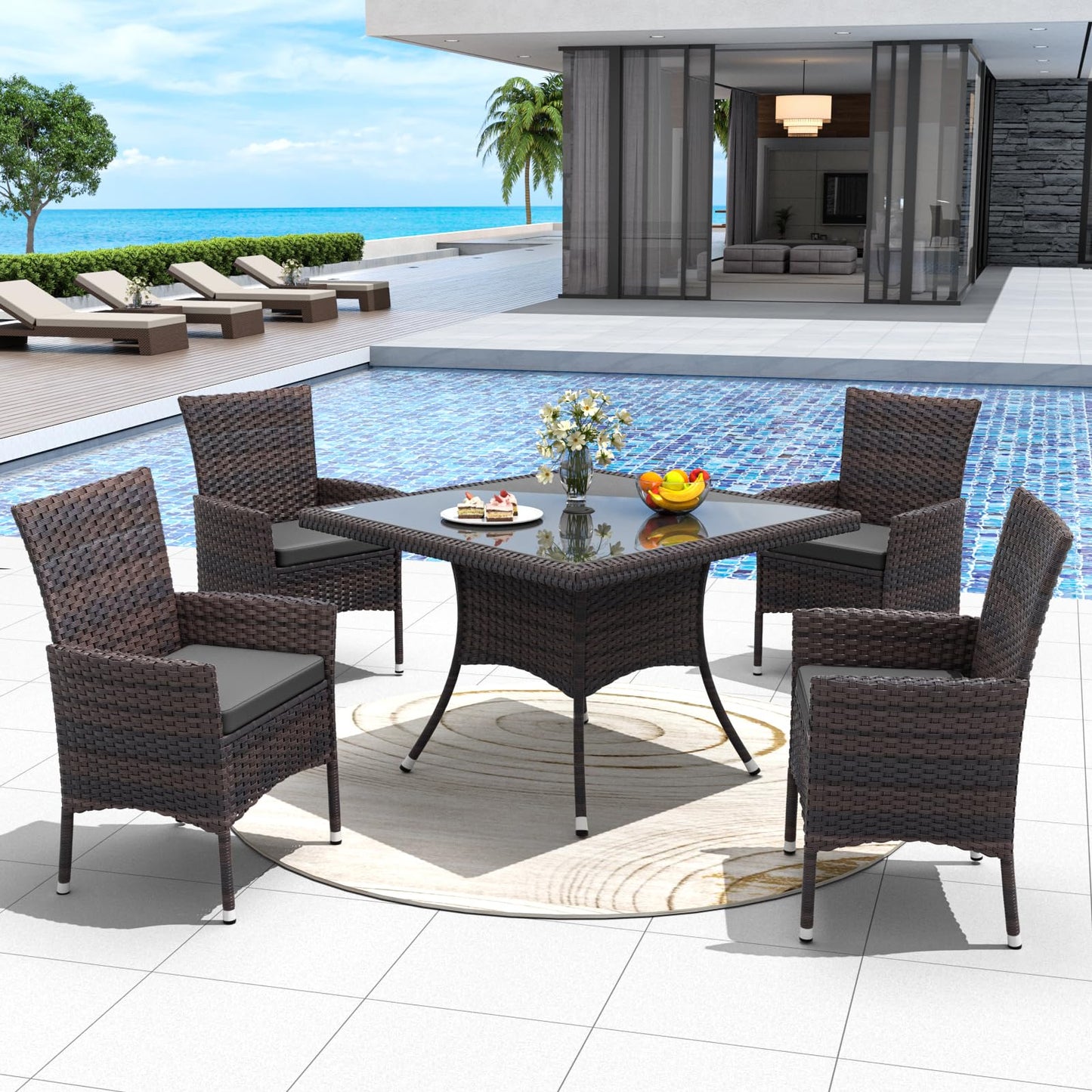 ALAULM 5 Piece Patio Dining Set All-Weather Wicker Outdoor Patio Furniture Set w/Tempered Glass Tabletop, Removable Cushions and Umbrella Hole for Patio, Backyard, Garden, Poolside（Grey）