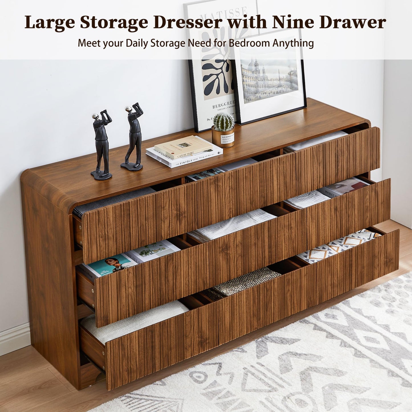 BERRYMERRY Fluted Dresser for Bedroom with 9 Drawers,63" Wide Modern Chest of Drawers with Curved Profile & Deep Drawer,Large Wood TV Dresser for Bedroom Living Room