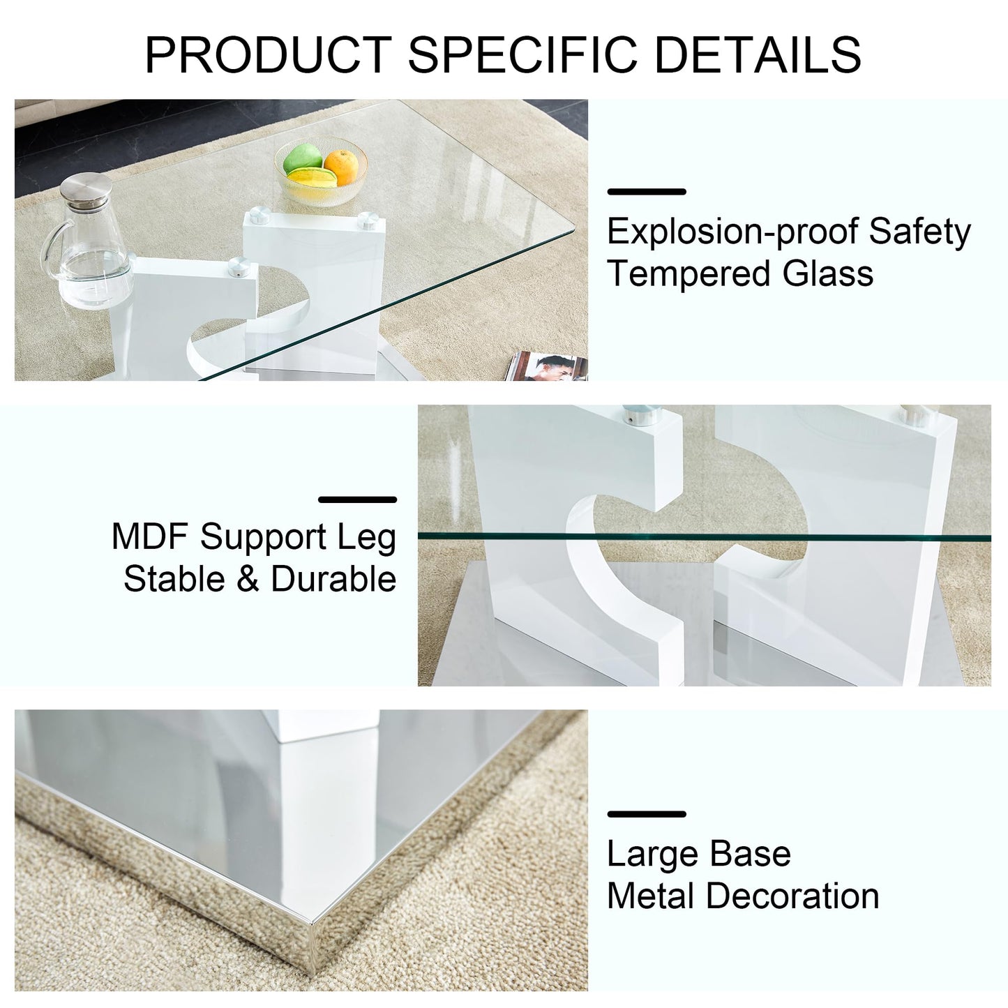 Henf Modern Luxury 47" Rectangle Glass Coffee Table for Living Room, Home Office, Tempered Glass Top, White Legs & Silver Base