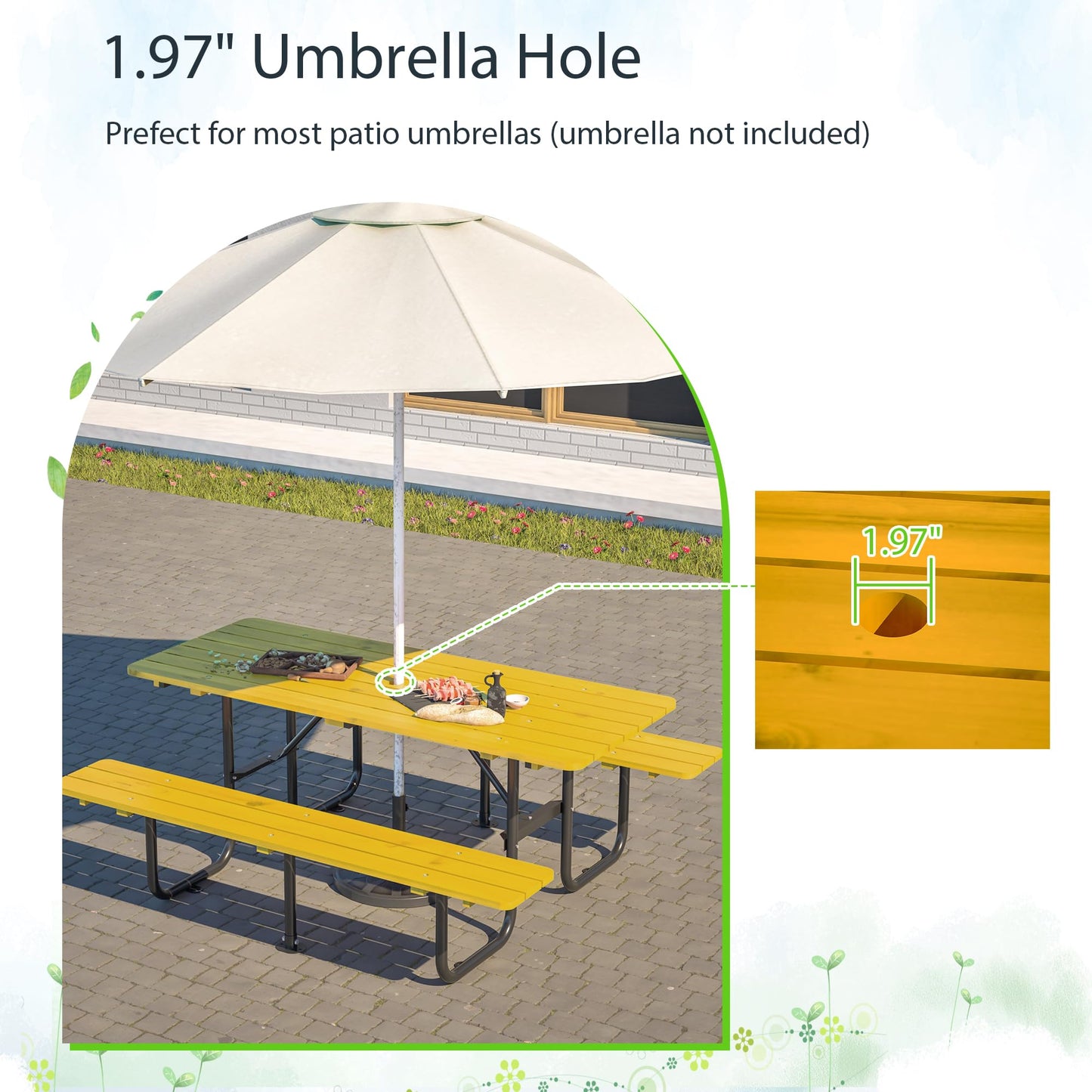 DOPERFE 72" Wooden Picnic Table, Picnic Table with Benches, Steel Frame with Umbrella Hole 1.97" for Patio Party Barbecue Party (Yellow + Black, 72")