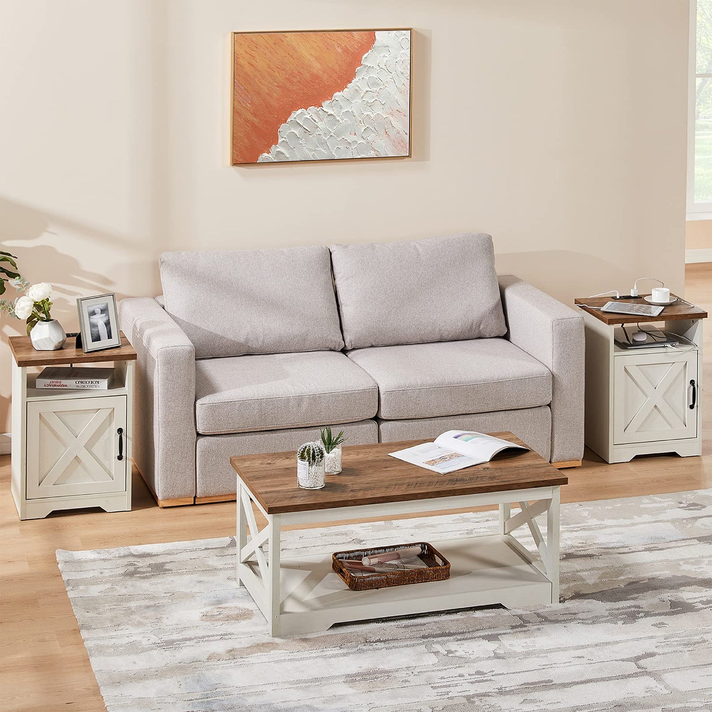 AMERLIFE 3-Piece Farmhouse Living Room Table Set with Coffee Table & 2 End Tables, Charging Station & USB Ports, Distressed White