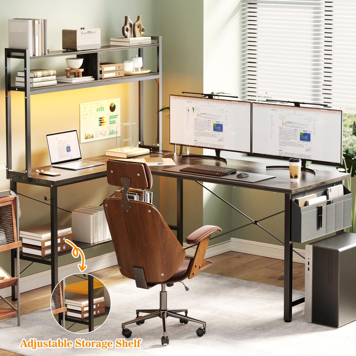 Aheaplus L Shaped Desk Gaming Desk, 59" L Shaped Computer Desk with LED Light & Power Outlet, Reversible Home Office Desk Gamer Desks with Shelves & Storage Bag & Hooks, Corner PC Desk, Black Oak