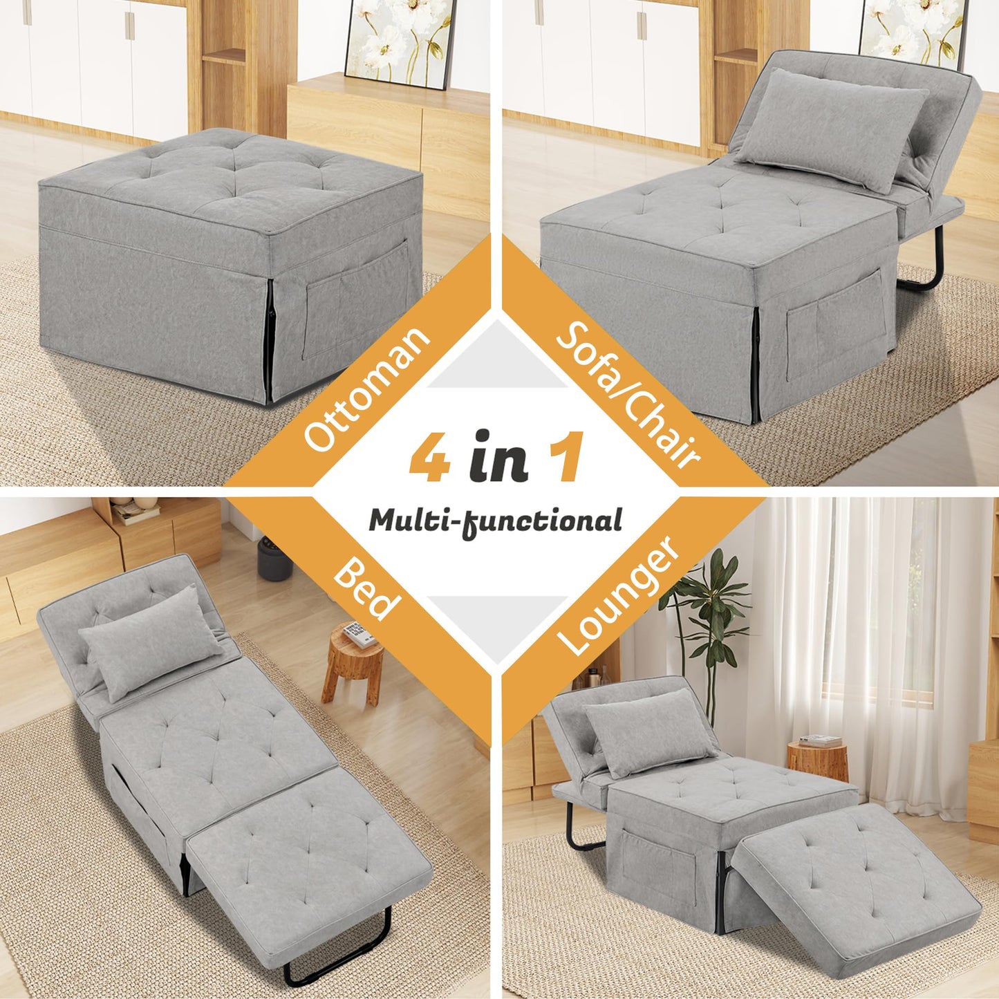 OMOCCUIT 4-in-1 Multi-Functional Convertible Sofa Bed, Large Foldable Ottoman Sleeper Chaise with Adjustable Backrest, Modern Linen Convertible Futon Sofa Couch for Living Room, Apartment (Light Grey)