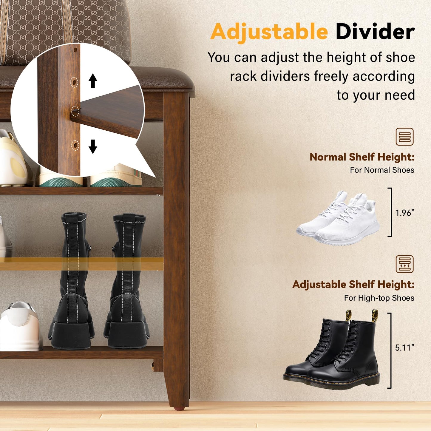 Shoe Rack Bench Entryway Storage with Leather Cushion, Shoe Organizer Bench for Entryway, Ideal for Front Doors Entrances Hallway Mudroom Featuring Rubberwood And 3 Height-Adjustable Removable Shelve