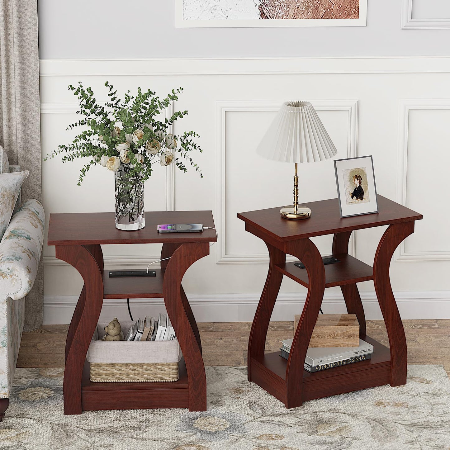 FROMJBEST End Tables Living Room Set of 2,Cherry End Table with Charging Station,Side Table, Nightstand for Bedroom, 3 Tier End Table with Storage Shelf for Living Room(Cherry)