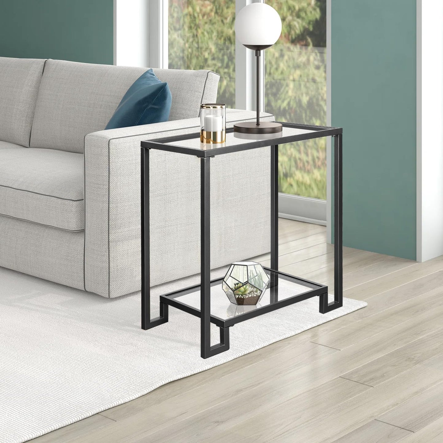 GIFTTROVE 2 Tier Rectangular Side Table, Black End Table with Glass Top, Modern Metal Clear Coffee Tables，Small Accent Tables for Living Room, Bedroom, 22" x 12.4" x 24"