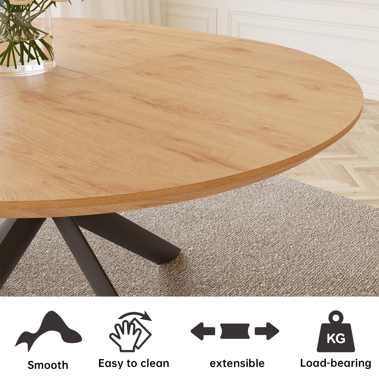 HIPIHOM 43.2"-59.1" Extendable Round Dining Table, Mid Century Modern Wooden Round Table, Leisure Oak Coffee Table,Saving Space