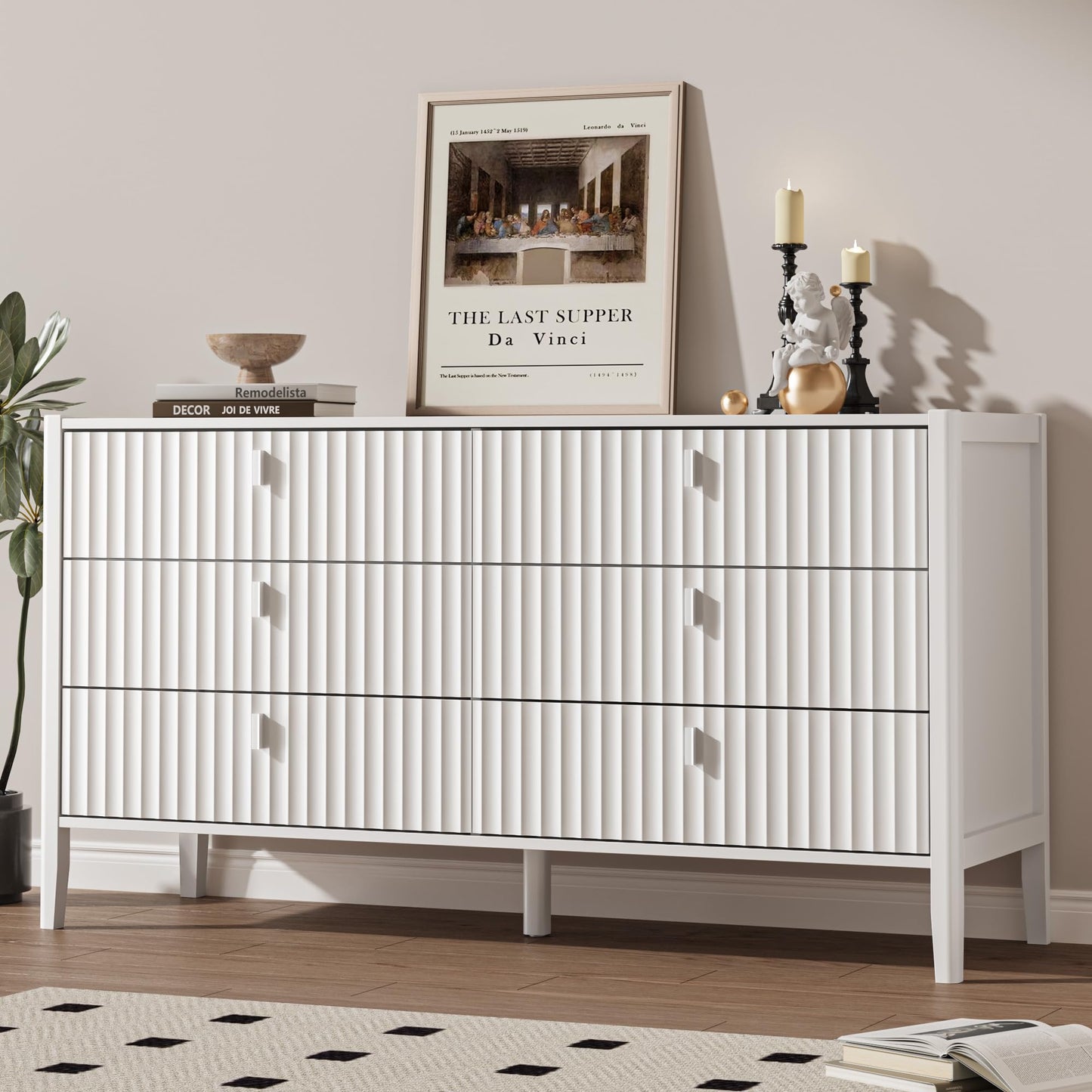 MAISONARIA White 6 Drawer Dresser for Bedroom, Modern Wood Dresser, Fluted Design Double Chest of Drawers with Wood Legs, TV Stand Storage Cabinet for Bedroom, Living Rooms, Offices, and Entryways