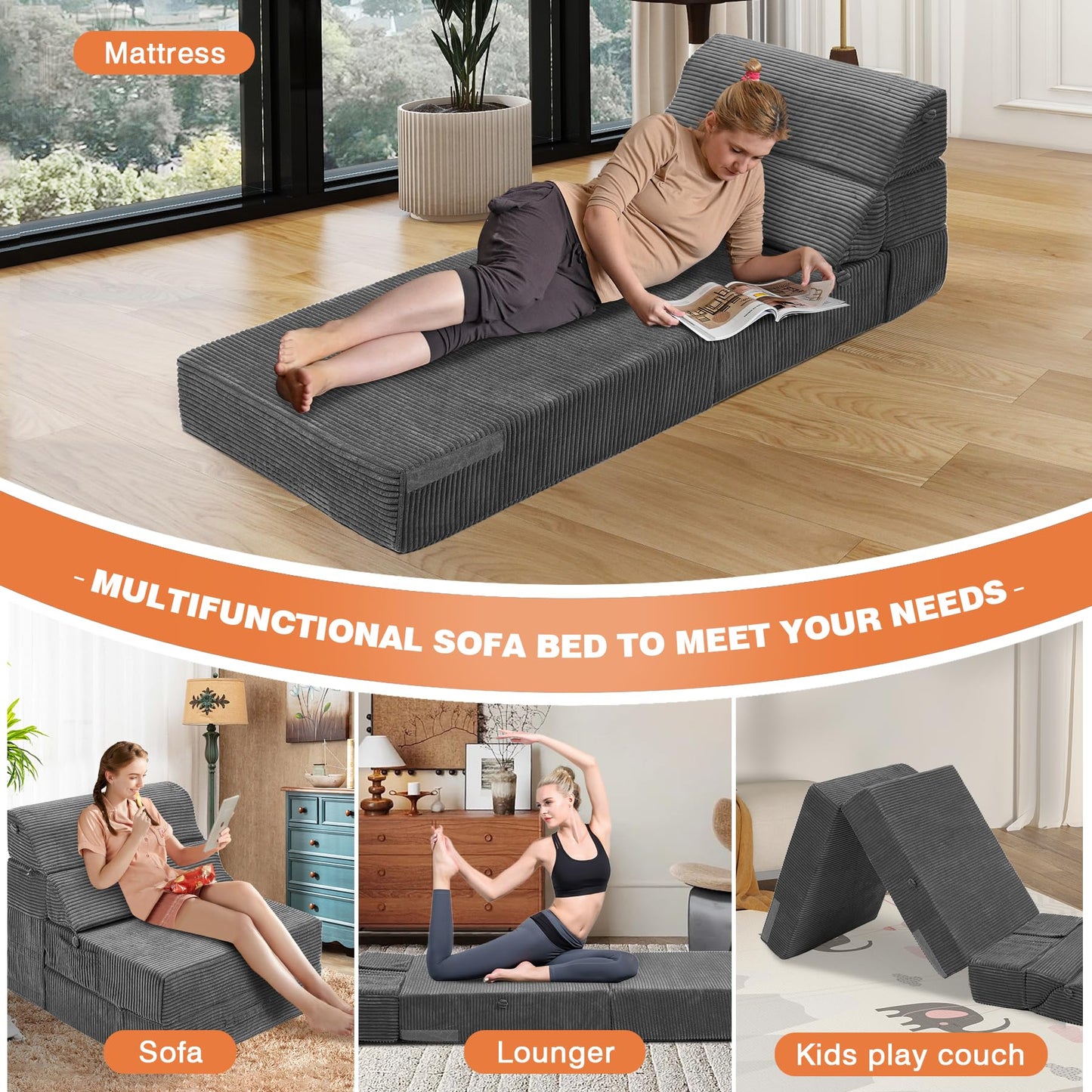 LitaiL Comfy Folding Sofa Bed - Dark Grey Convertible Sleeper Sofa Fold Out Sleeper Chair Couch for Living Room Bedroom Guest, Foldable Floor Chair Corduroy Lounger Mattress with Back Support