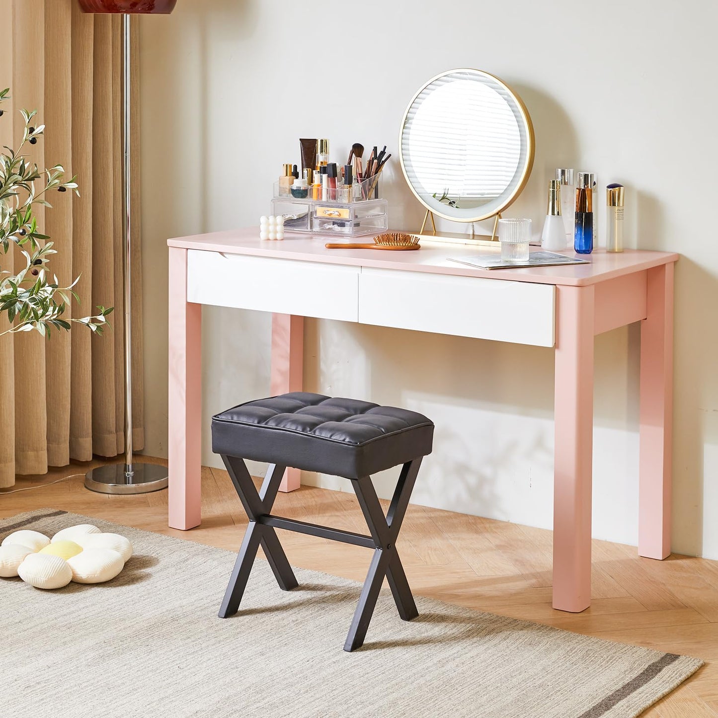 IBUYKE Square Makeup Stool with X-Leg Foot Rest, PU Footrest, Ottoman Seat Vanity Stool, Multi-Use as Small Side Table, for Bedroom, Living Room, Black LG-71B