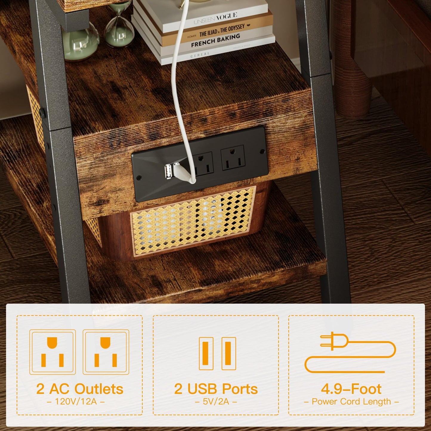 End Table with Charging Station, Small Side Tables with Lucky 7 Metal Shape, 3-Tier Nightstand with Outlets and USB Ports, Adjustable Leveling Feet, side Table for Living Room, Bedroom (Rustic Brown)