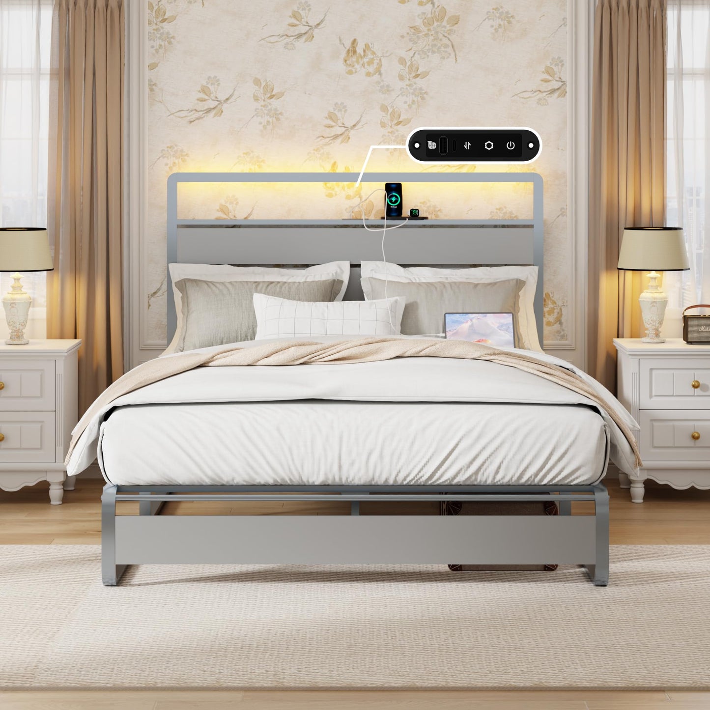 VFJ Large Bed Frame with headboard, Metal Platform Bed Frame with Charging Dock, Heavy-Duty Platform Bed Frame with LED Lights, Easy to Assemble, Silver