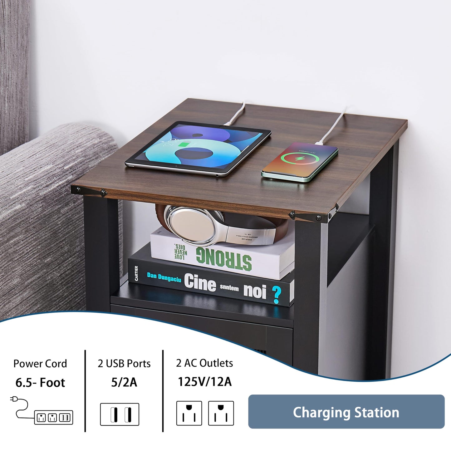 Night Stand with Charging Station Farmhouse End Table for Living Room, Black Nightstand for Bedroom Furniture, Storage Cabinet with Open Shelf, Wood Bed Side Tables for Living Room Couch or Sofa