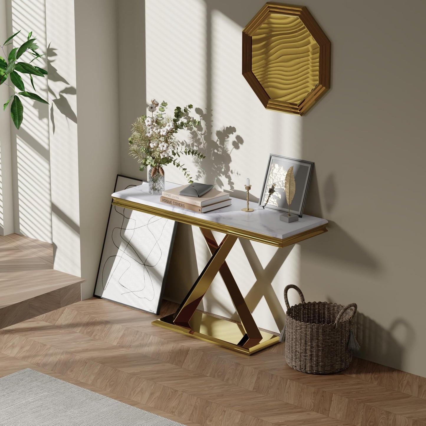 ACEDÉCOR Gold Console Table, 50" Entryway Table with White Tabletop & Gold Polished X-Base, Luxury Sofa Table for Living Room, Hallway, Foyer