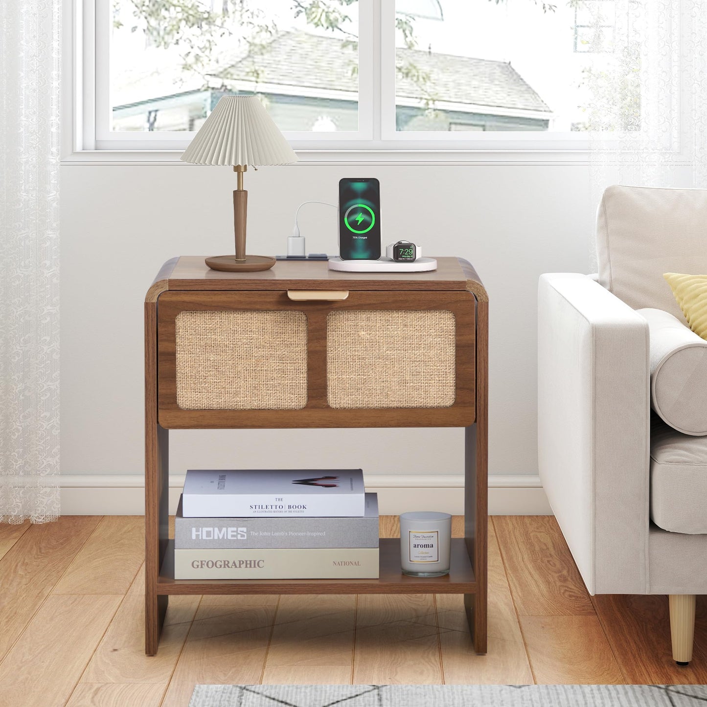 LEVNARY Nightstand Set of 2, Mid-Century Modern Bedside Table with Charging Station and Fabric-Like Textured Drawer, Wooden End Table for Farmhouse Bedroom Living Room (2, Walnut)