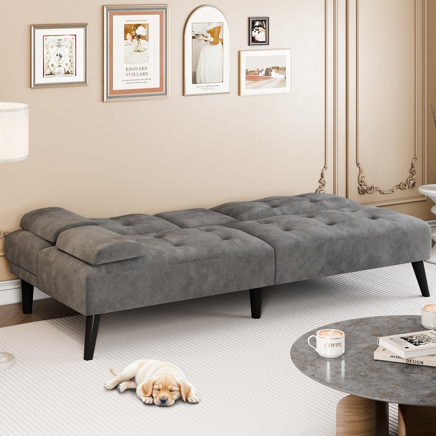 Meilocar Futon Sofa Bed Couch, Modern Convertible Sofa Couch, 64 in Adjustable Recliner Sofa Bed for Living Room, 2 Armrest Pillows, 2 Cup Holders, Dark Grey