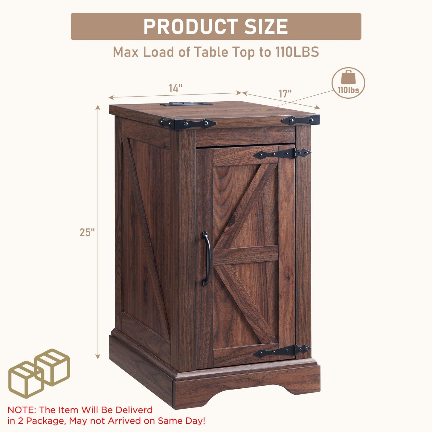 JXQTLINGMU Farmhouse Nightstand Set of 2 with Charging Station, 17" D Rectangular End Table with Barn Door & Adjustable Storage Shelf, Wood Rustic Sofa Side Table for Living Room, Bedroom, Brown