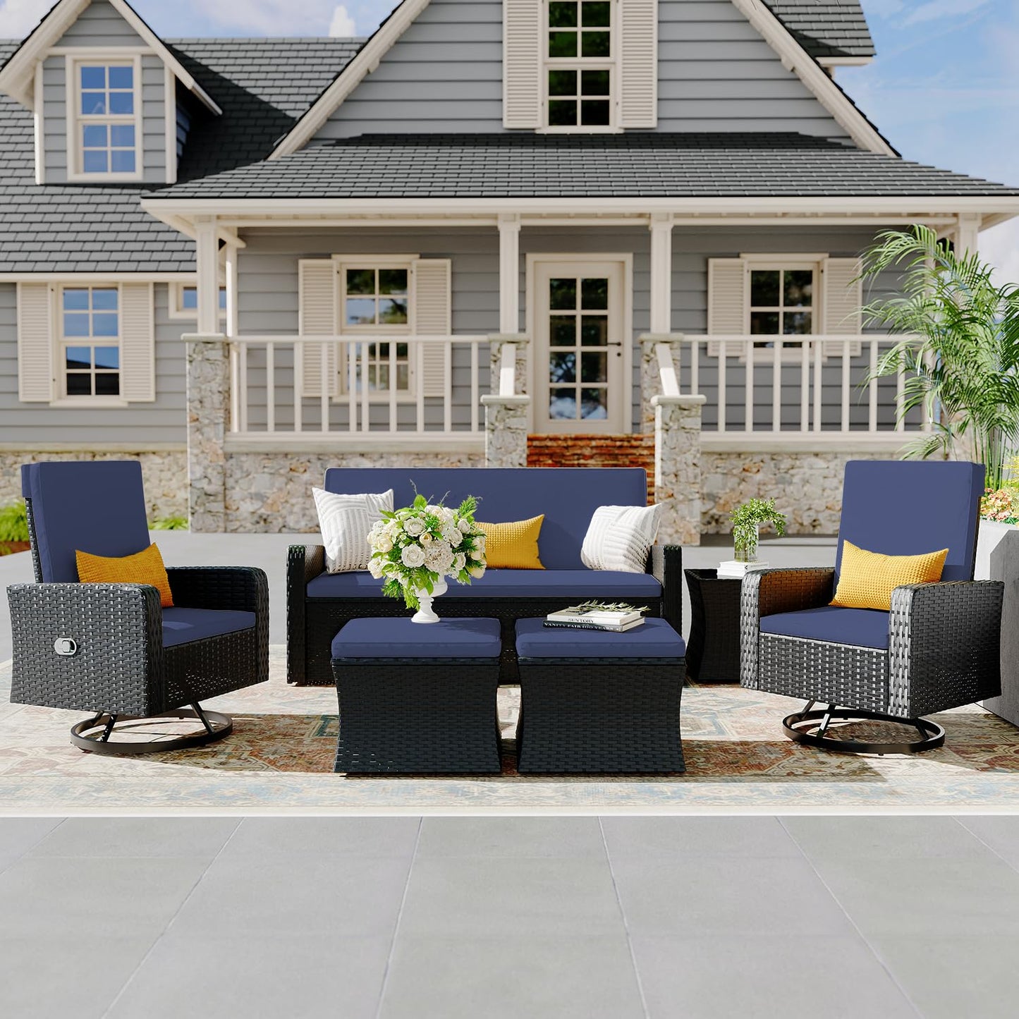 QUYZE 6 Piece Patio Furniture Set, Wicker Patio Conversation Sets with Swivel & Recline Chairs, Outdoor Sectional Sofa Sets with 2 Storage Ottoman, Outdoor Patio Recline Set for Backyard