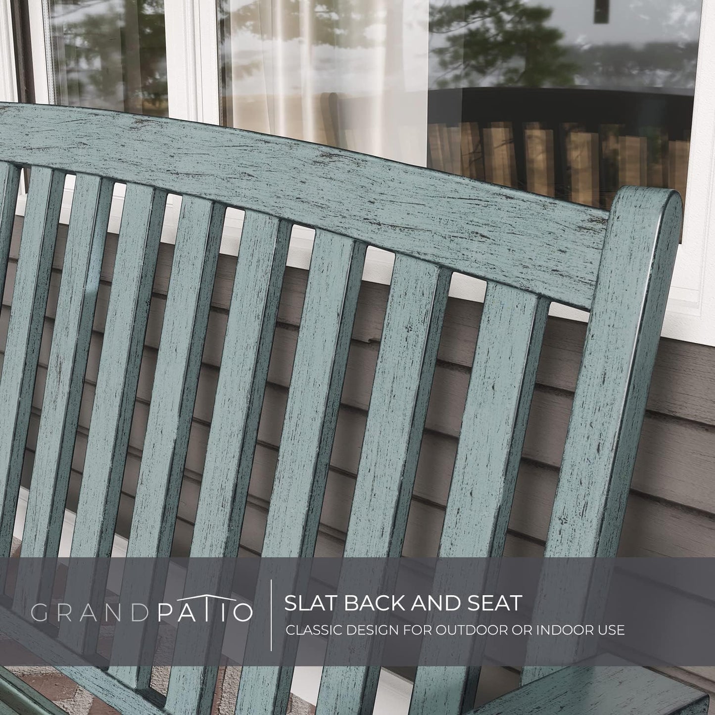 Grand patio 52" Farmhouse Outdoor Bench, Garden Benches with Anti-Rust Aluminum Metal Frame, Faux Wood Grain Finish Frame Patio Bench for Front Porch, Weathered Blue