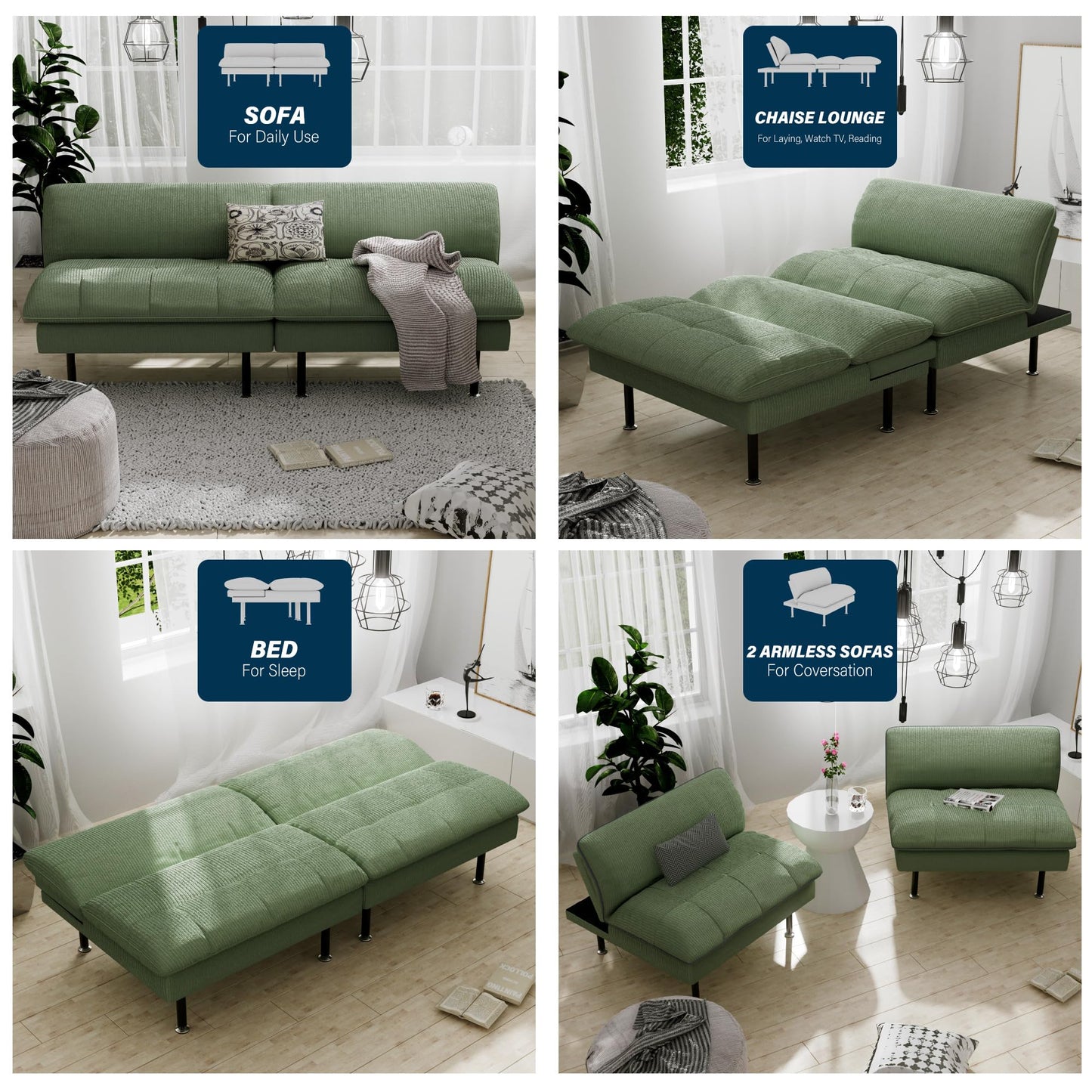 Ribilake 70" Futon Sofa Bed, 4 in 1 Multi-Function Couch Sleeper with Adjustable Backrest, Modern Convertible Futon, Recliner Small Loveseat for Living Room, Dorm, Green
