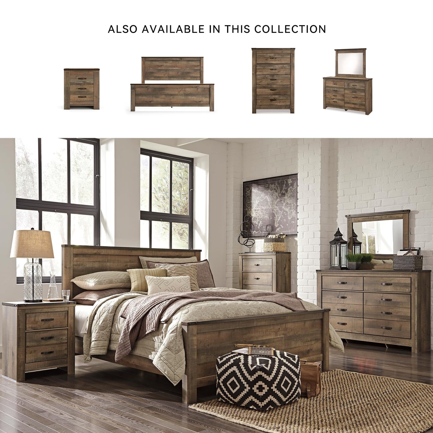 Signature Design by Ashley Trinell Rustic 2 Drawer Nightstand with USB Charging Stations, 29.65" Tall, Warm Brown