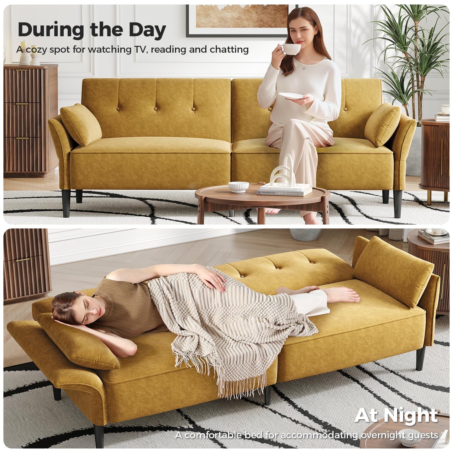 COPIAE 89” Futon Sofa Bed,Comfy Futon Couch Bed with 2 Square Pillows, Convertible Sleeper Sofa with Adjustable Backrest& Armrests, Modern Loveseat Sleeper for Living Room, Bedroom, Yellow