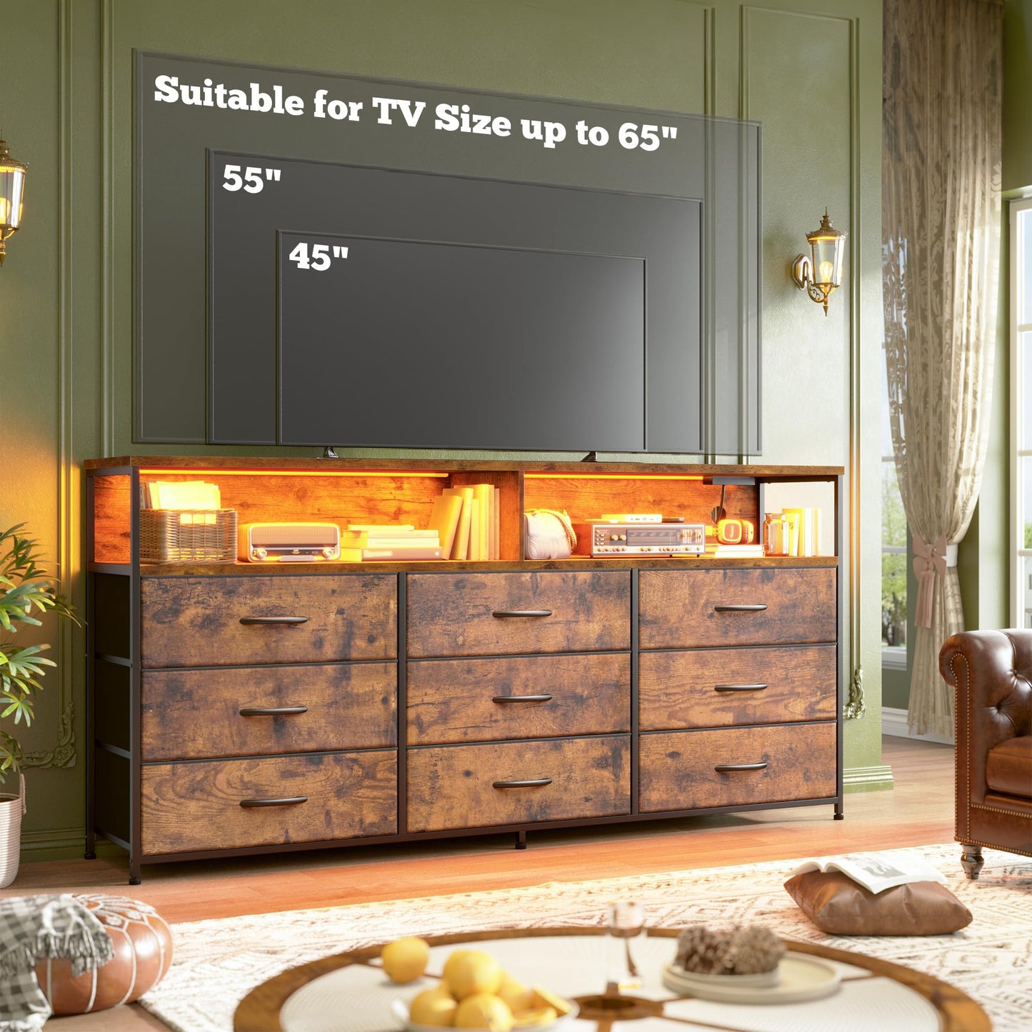 Romorgniz 55" W Dresser for Bedroom with 9 Drawer, LED TV Stand with Power Outlets for 45, 55, 65 Inch TV, Sturdy Long Chest of Drawers with Extra 2 Storage Wooden Shelves, Rustic Brown