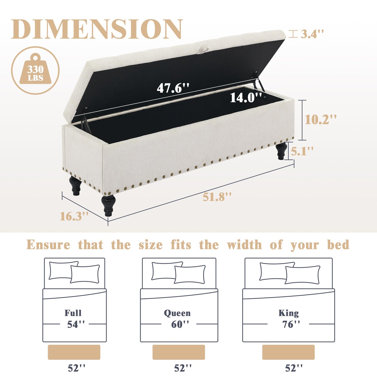 Mangodan51” Linen End of Bed Storage Bench, Tufetd Upholstered Storage Ottoman Bench with Safety Hinge, 330 lb Large Ottoman with Storages for Living Room, Entryway & Bedroom, Window Benches, Beige