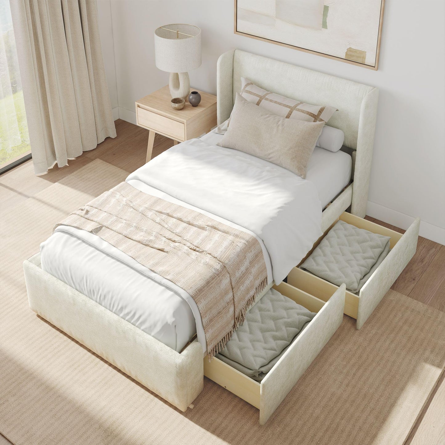 Plank+Beam Upholstered Twin Bed Frame with Rectangular Headboard and Two Storage Drawers, Upholstered Platform Bed, No Box Spring Needed, Easy Assembly, Cream