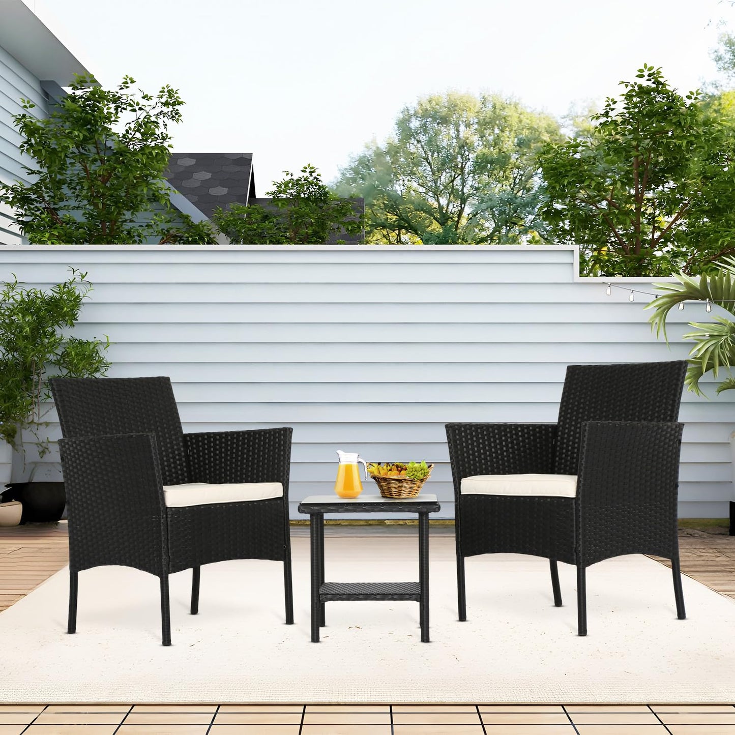 FDW Wicker Outdoor Furniture Patio Furniture Set of 3 Rattan Patio Chairs Outdoor Chairs Patio Conversation Set with Coffee Table for Yard Backyard Lawn Porch Poolside Balcony,Black