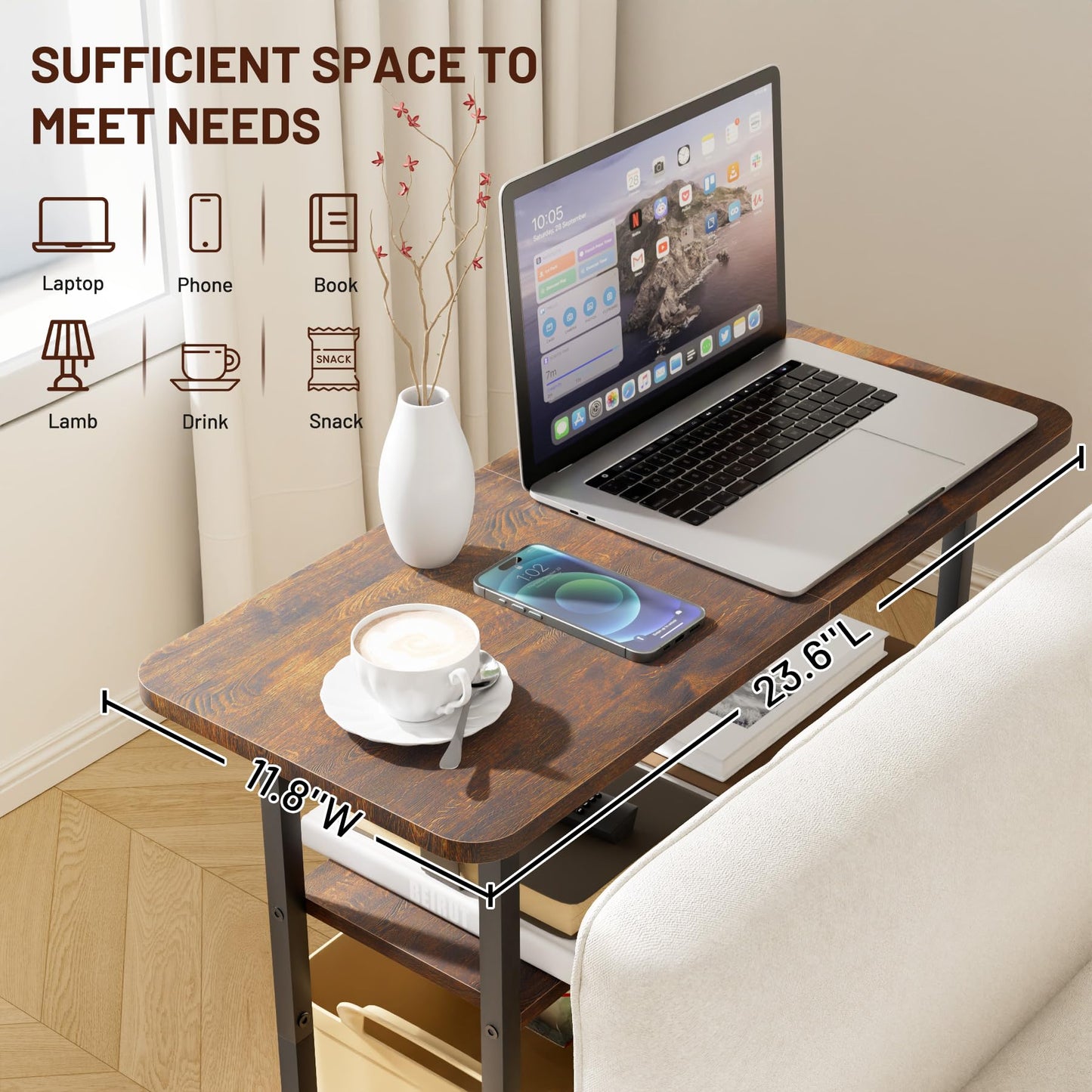 SLEEPING LAMB Side Table for Living Room, 3-Tier End Table for Small Space with Wide Storage Tabletop, Rustic Brown Narrow Nightstand for Bedroom, Sofa Couch