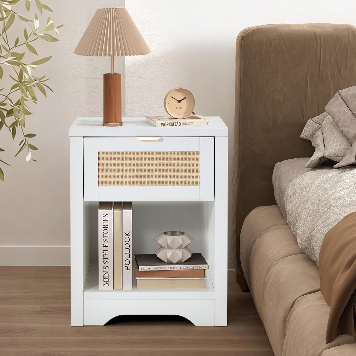 HOMREST Night Stand Set of 2,Modern Farmhouse Nightstands with Drawer & Open Storage Shelf, Wood Rattan Bedside Table with Metal Handle & Sturdy FrameTable for Bedroom, Living Room （White）