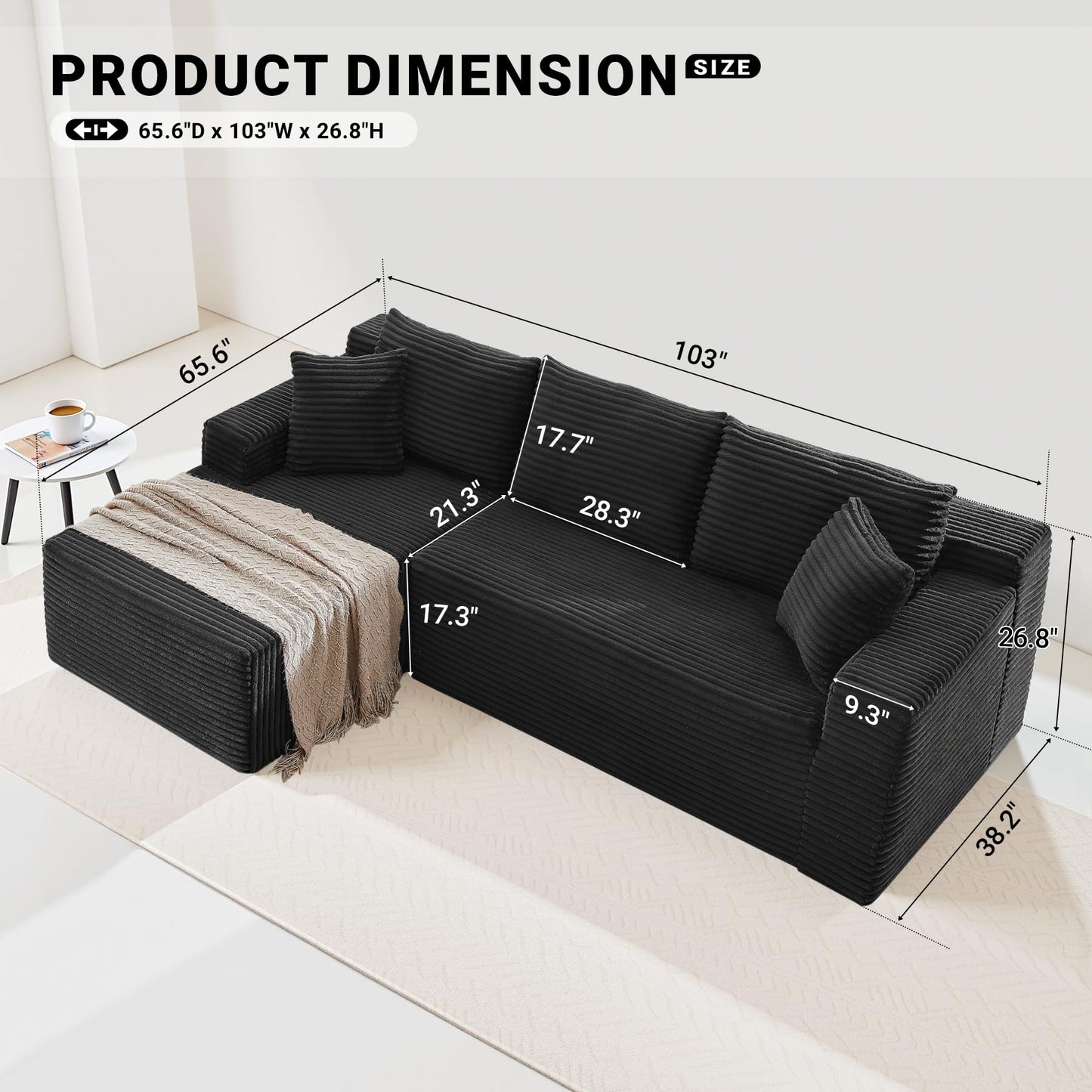 ivoros Sectional Couch with L-Shape Chaise, 103" Modular Sectional Sofa with Deep Seat, Modern Corduroy Couch, Lazy Compression Sofa for Living Room, No Assembly Required, Left, Black