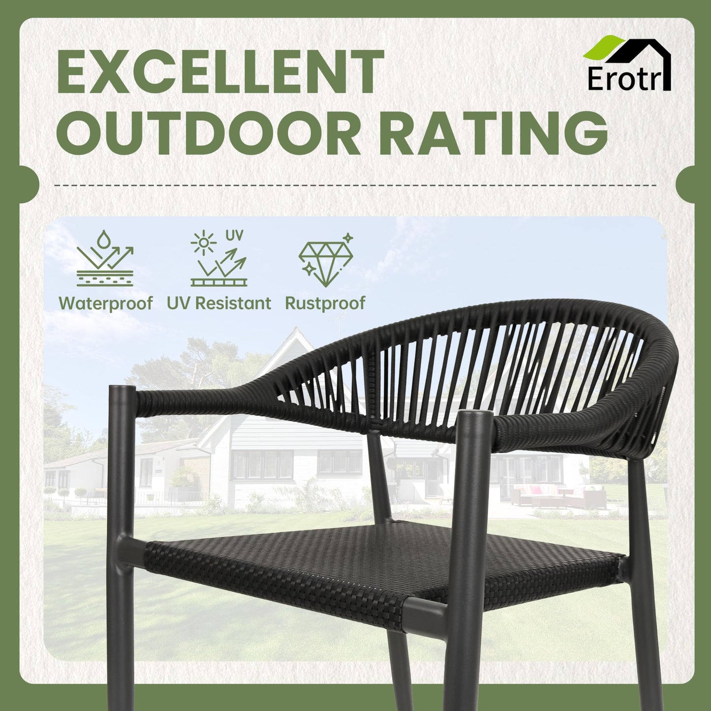 Erotr 4 Pcs Stackable Patio Dining Chairs, Aluminum Rattan Outdoor Dining Chair with Arms, Woven Rope Garden Armchair Metal No Assembly for Bistro Balcony Porch Deck Yard Cafe Restaurant, Black