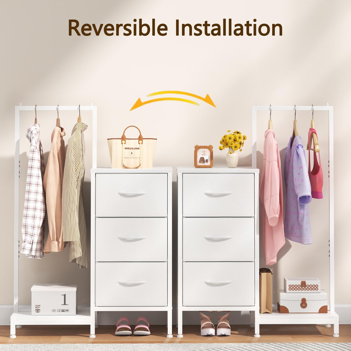 AFLUI Dresser for Bedroom with Hanging Rack, 3 Drawers Dresser for Bedroom - White