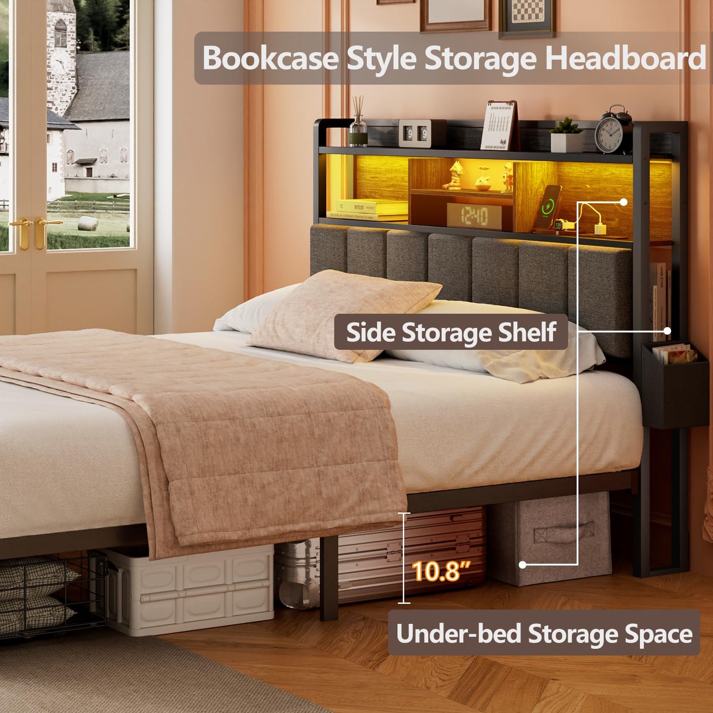 Furnulem Queen Bed Frame with Storage Drawers, Upholstered Headboard with Storage Shelf, LED Lights and Charging Station, Metal Platform Bed Frame Queen Size, Noise Free, No Box Spring Needed, Black