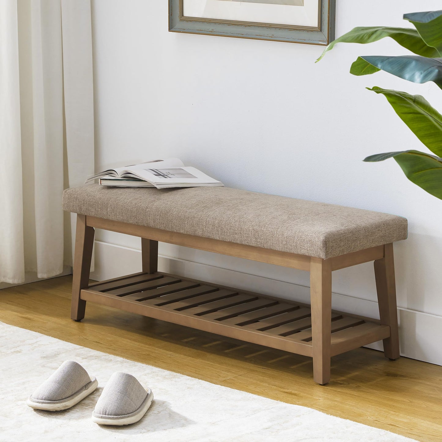 Zihanhome Entryway Shoe Bench with Cushion, End of Bed Bench,Upholstered Bench for Kitchen, Bench with Solid Wood Shelf, Fabric Ottoman Bench for Hallway, Living Room (Brown)