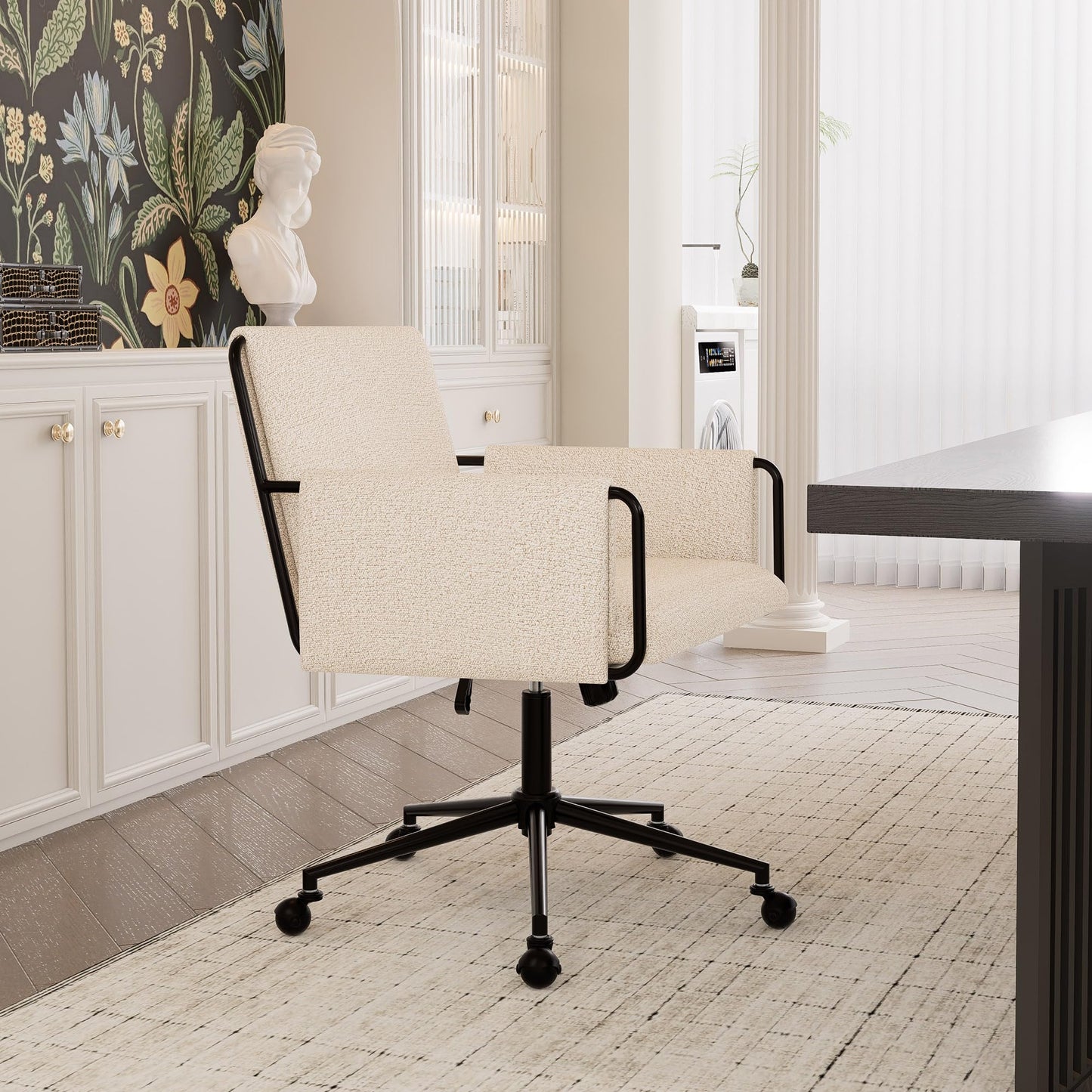 YOUTASTE Wide Office Chair with Wheels, Comfy Modern Rolling Swivel Desk Chair with Beige Bouclé Fabric, Backrest, Armrests, 300 lbs Capacity, Ideal for Makeup Vanity, Computer, Study & Bedroom