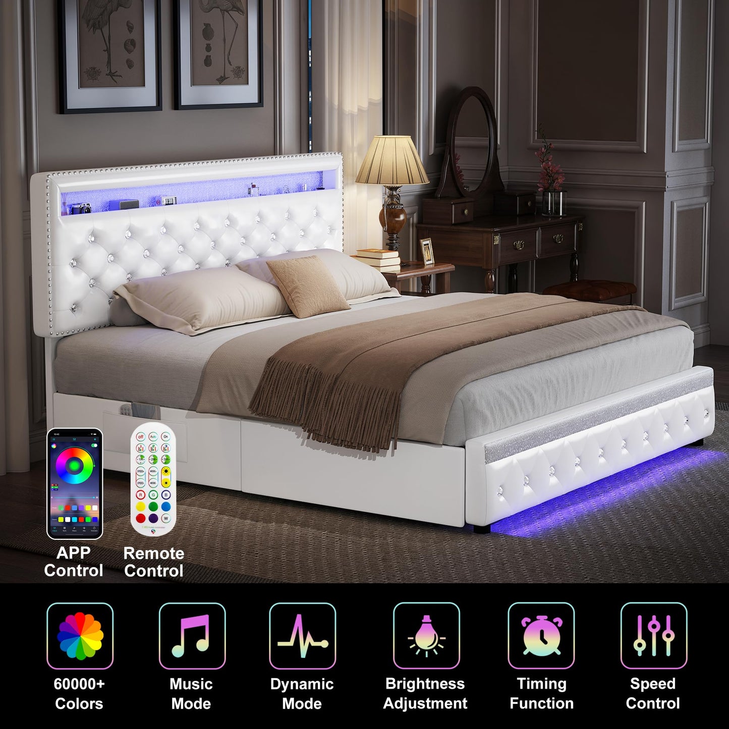 Torana Queen LED Bed Frame with 2 Drawers, PU Upholstered Platform Beds with Adjustable Storage Headboard, Crystal Button Tufted Wingback Bedframe with Wooden Slats, No Box Spring Needed, White