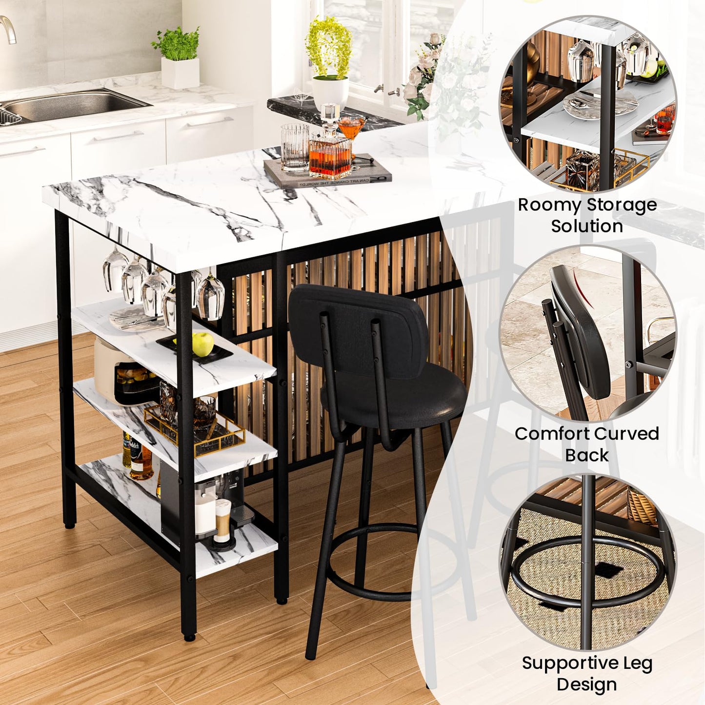 Recaceik Kitchen Island with Storage Small Dining Table for 2, Bistro Table and Chairs Set of 2 W/ 5 Shelves with PU Stools (White)